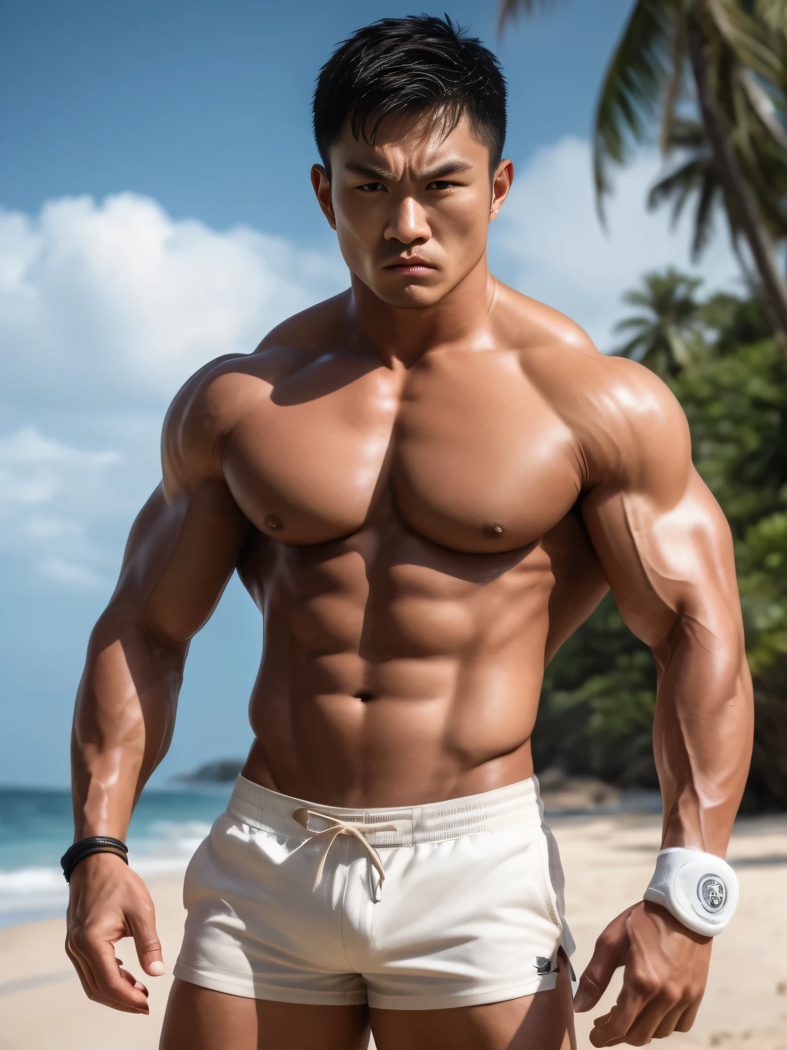 arafed man with no shirt on standing on a beach, asian male, south korean male, bodybuilder physique, exaggerated muscle physique, damien tran, darren quach, asian man, big wide broad strong physique |, bodybuilder, absurdly muscular physique, korean muscle boy 2 , fitness model, bodybuilder body, muscular build