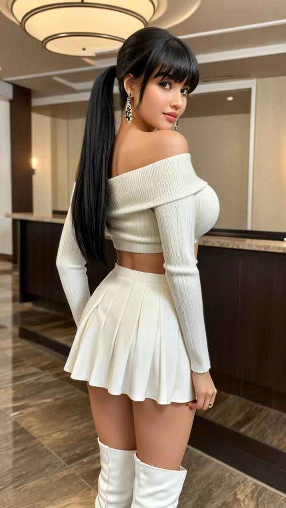 1girl in, age19, Solo,black hair in ponytail with bangs Colossal tits, facing the camera , back view, Full body, off shoulders, white sweater crop top,high waisted pleated short tight skirt Realistic, showing sexy thighs,A sexy light skin girl mixed girl,hotel lobby, night out, white thigh high boots heels, holding big bouquet of flowers, hooves earrings, round pretty face, soft jawline