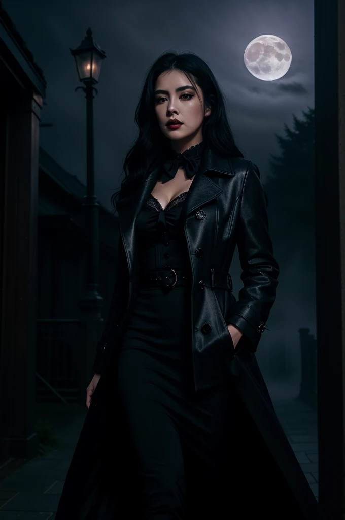 photo realist, horror themed, Underworld Theme, dark element, high quality realistic masterpiece,1 girl, (comely) Japanese woman,Chloe Cherry Lips, lip filler, face detailed, 27 year old, symmetrical eyes,symmetrical face,subtle vampire fangs, violet eyes, long wavy black hair, walking in the dark, misty, misty, moonlit alley,Cloudy moon room in sky in background, moonlit,with fog and shadows, frightful,natta,cinematic lighting,Dress conservatively, wearing a deep purple lace top & black double breasted coat (buttoned up) black closed coat, black medium length black skirt., Fix your hands, Detailed lips