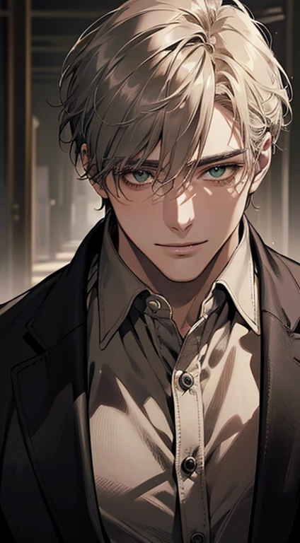 ((a mature man, very handsome, smile in love, short grey golden hair, green eyes, perfect face without errors)), ((buttoning the jacket, CEO)), (best quality, masterpiece, 8K, photorealistic, cinematic lighting, hdr image, ultra detailed, beautiful image), (portrait, detailed facial features, intricate textures, realistic skin tones, highly detailed, ultra-realistic), (warm lighting, soft shadows, dramatic lighting), (muted color palette, rich tones), (professional photography, high resolution, studio lighting)