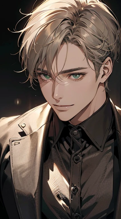 ((a mature man, very handsome, smile in love, short grey golden hair, green eyes, perfect face without errors)), ((buttoning the jacket, CEO)), (best quality, masterpiece, 8K, photorealistic, cinematic lighting, hdr image, ultra detailed, beautiful image), (portrait, detailed facial features, intricate textures, realistic skin tones, highly detailed, ultra-realistic), (warm lighting, soft shadows, dramatic lighting), (muted color palette, rich tones), (professional photography, high resolution, studio lighting)