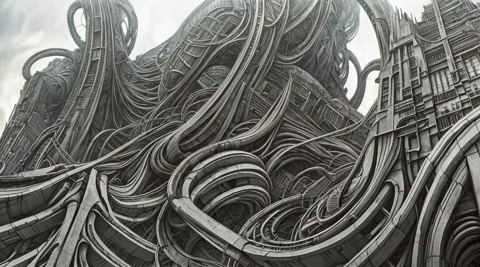 city of merging organic forms, creeping cables and pipes , in style of Dan Seagrave, H. R. Giger, Zdzisław Beksiński with cinematic lighting, background cloud storm inspired by jeffrey smith