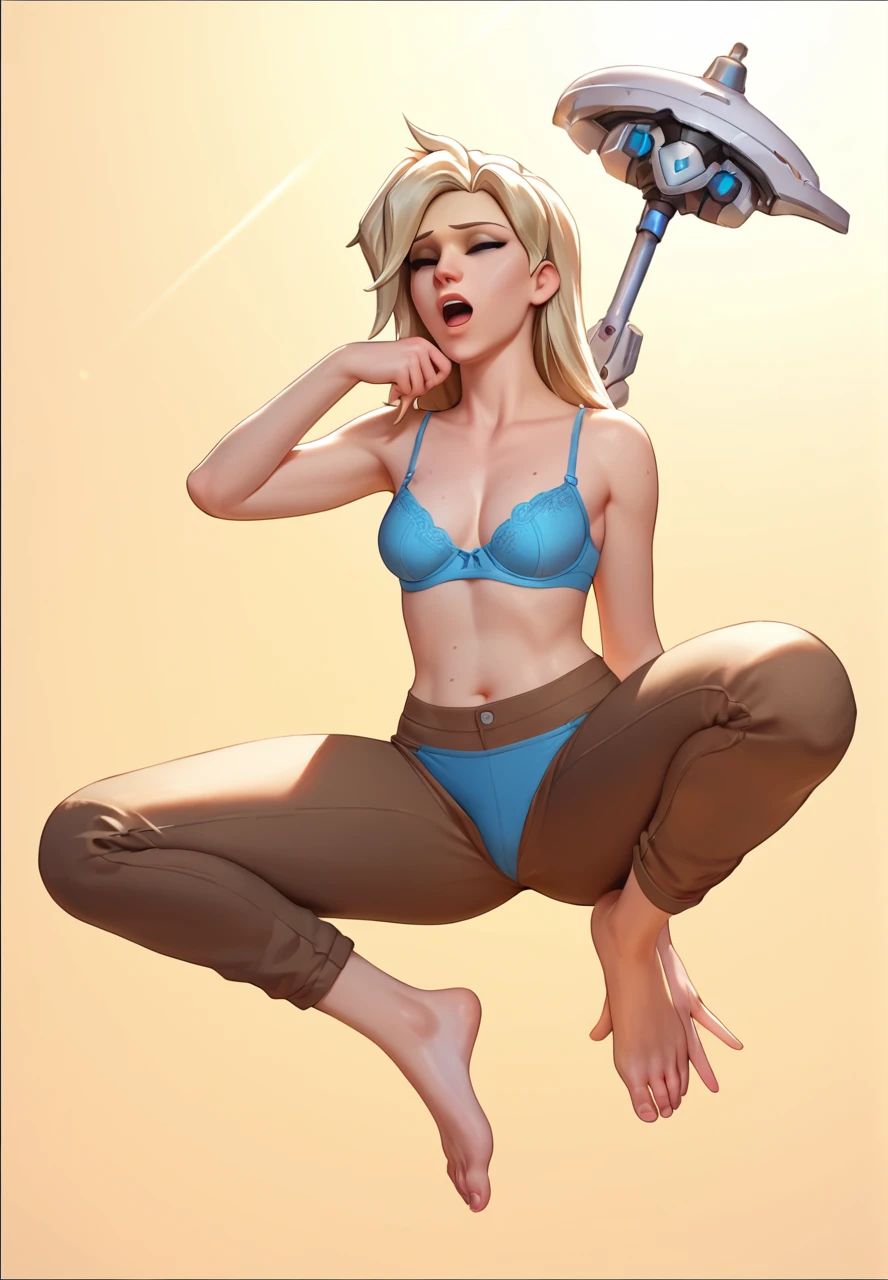 score_9,score_8_up,score_7_up,score_6_up ,source_overwatch score_9, score_8_up, score_7_up, 1woman, solo, mercy \(overwatch\), high quality,open hair long hair, blue bra, blue panty, hand in pants, ecstasy face, open mouth
