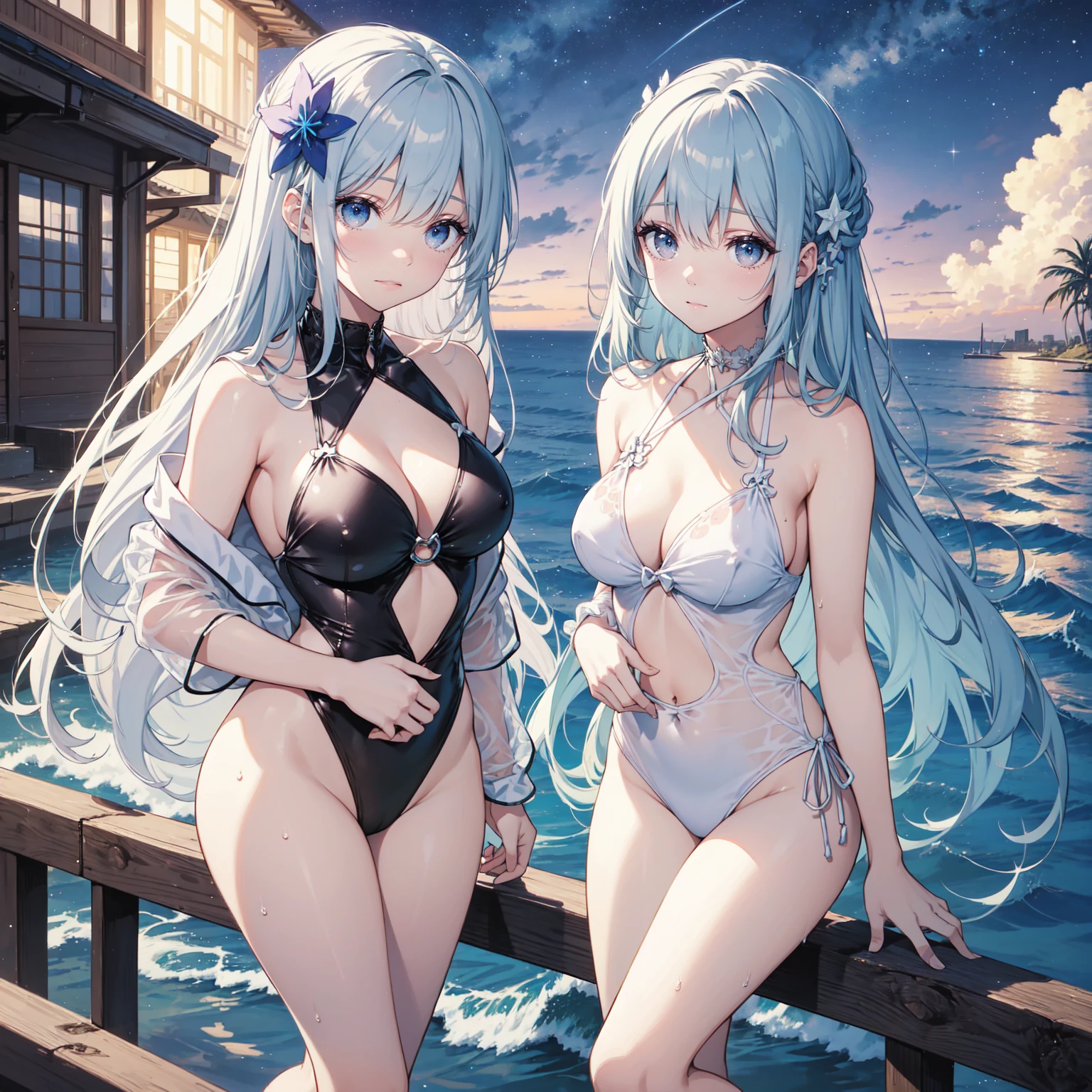 finely detailed illustration, best quality, masterpiece, vibrant color,(masterpiece)、(Highest quality)、((Very detailed))、(Very delicate)、Cute and sexy swimsuit idol、Pastel colored hair、Beautiful breasts、Thighs、nice、Amazing starry sky、Beautiful sea、Wet and see-through