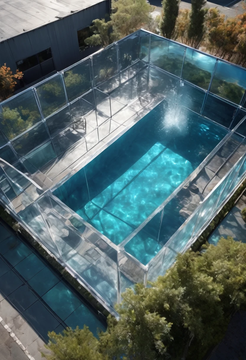 from above, best quality, RAW photo, photorealistic, super fine, 16k, 2.5D, delicate and dynamic depiction, very clear footage, a 10m square pool made of transparent reinforced acrylic panels, bottom has a fine metal grid, sealing away evil, analyzer lab room, security camera footage, dutch angle, dark fantasy