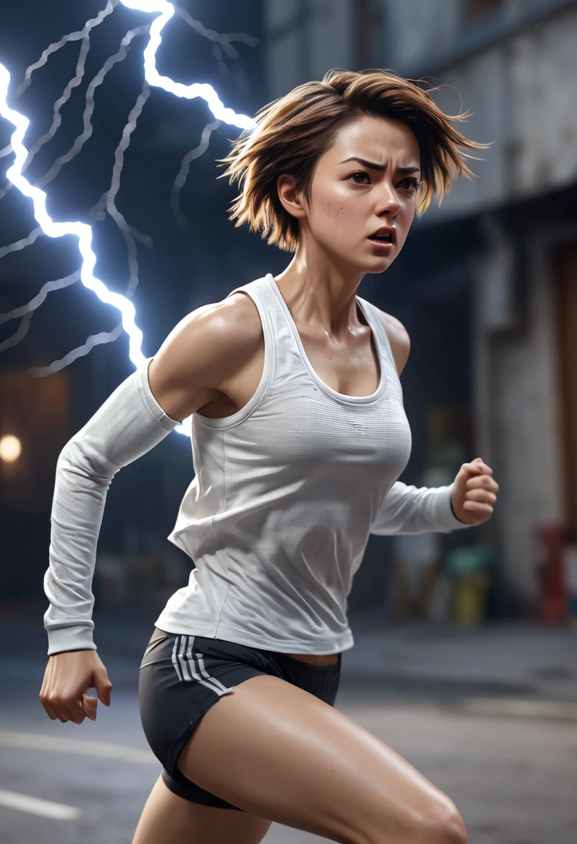 (masterpiece)(accurate)(perfect anatomy) photo realistic, 1girl, running stance, sport outfit, torn_tight shirt, micro_crop top, tattered shirt (torn shirt 1.8), full torso, cinematic motion, serious expression, short hair, (motion blur 1.2) super detailed, twenty degrees side view, perfect eyes, unreal engine, epic realism, 8k, dramatic lightning, motion blur background