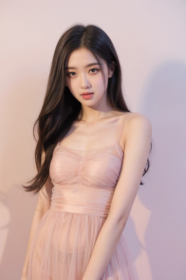 21 year old girl, pink background, beautiful dress