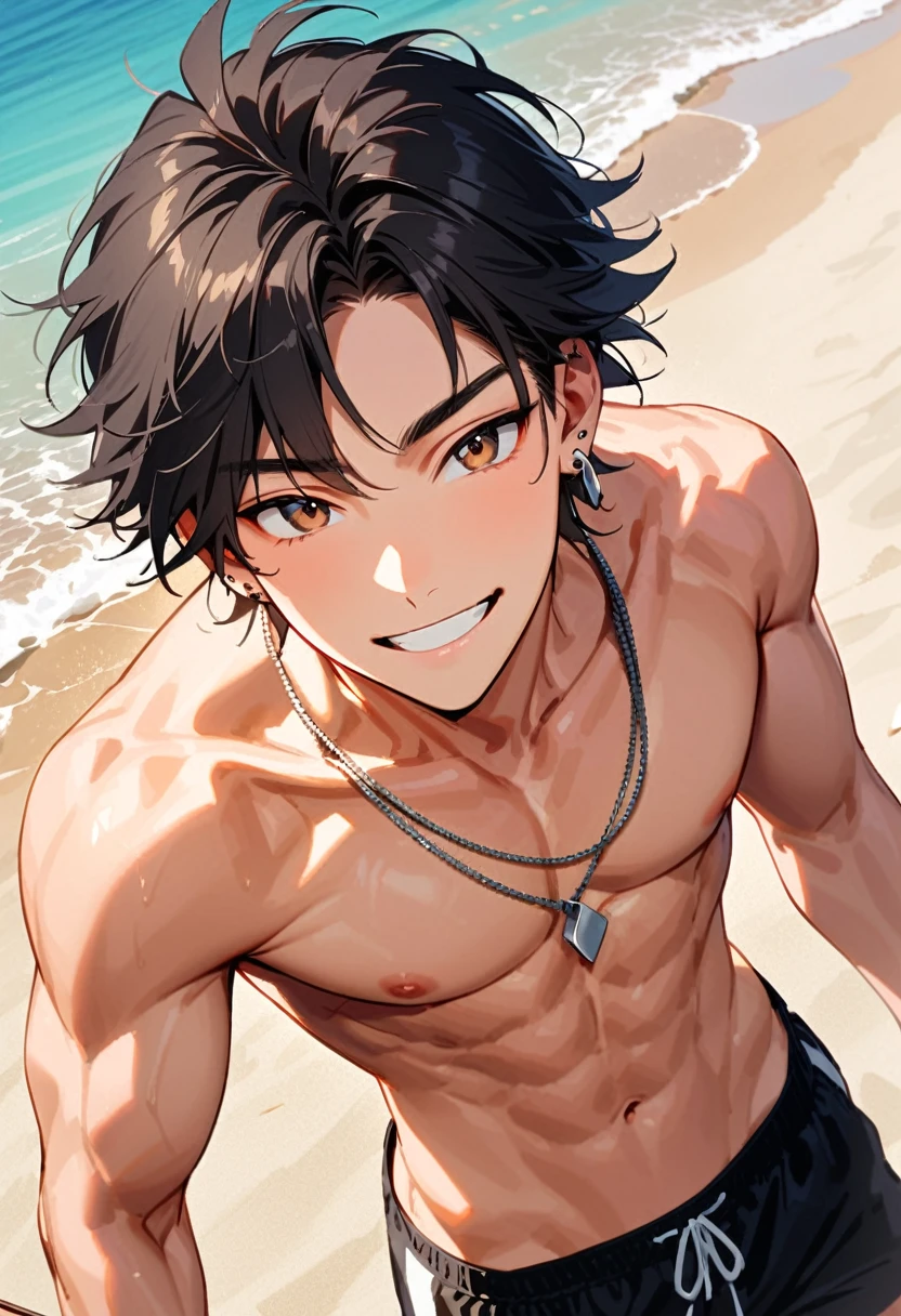 A young man, 22-years-old, solo, Caucasian, masculine face, muscular physique, shaggy tousled black hair, brown eyes, cheerful smile, mouth open, no shirt, shirtless, black swimming trunks, thin silver necklace, small silver earrings, beach, holding a skewer with grilled meat on it