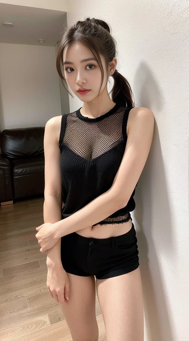 Dark brown hair、Light brown eyes、Japanese actress、 Lady、I am about 40 years old.......、(Intricate details:1.2)、 (Ultra-high resolution:1.2)、Ultra-high resolution、(Finely tuned)、(Detailed facial features)、Hmph、8K resolution、D cup size breasts、Long Hair、Bright terrace room with sunlight streaming in、Large windows、Extravagant space、relax、、,Full body photo、Head to toe shot、Beautiful feet、black Loose fit openwork T-shirt、Underwear shorts、Beautiful feet、Bright terrace room with sunlight streaming in、she, household items, (plant:0.8), Fashion Hub, Very detailed, Very detailed, Realistic, Hourglass Shaped Body, Obscene pose,、Messy Hair、Messy ponytail、Leaning against a wall、I cry a lot、tears、Skin is visible through the knit、White floor、White wall、A masterpiece of transparent painting、