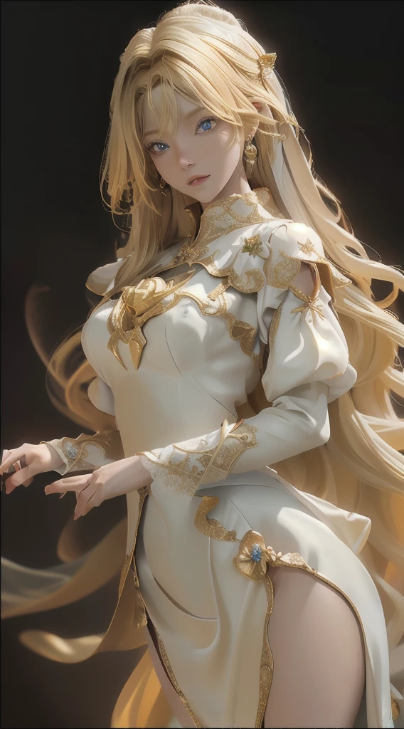 ((Best quality)), ((masterpiece)), (detailed:1.4), 3D, an image of a beautiful angel female, long princess dress, longest blonde-haired, yellow eyes, HDR (High Dynamic Range),Ray Tracing,NVIDIA RTX,Super-Resolution,Unreal 5,Subsurface scattering,PBR Texturing,Post-processing,Anisotropic Filtering,Depth-of-field,Maximum clarity and sharpness,Multi-layered textures,Albedo and Specular maps,Surface shading,Accurate simulation of light-material interaction,Perfect proportions,Octane Render,Two-tone lighting,Wide aperture,Low ISO,White balance,Rule of thirds,8K RAW,