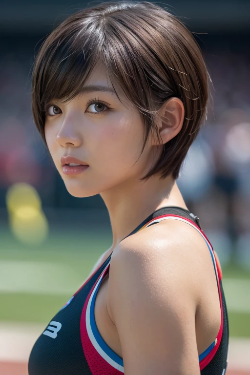 (Best Quality,4K,8K,hight resolution,masutepiece:1.2),Ultra-detailed,Realistic,Extremely detailed, Colorful tones,((Athlete)),(short cut hair:1.4),