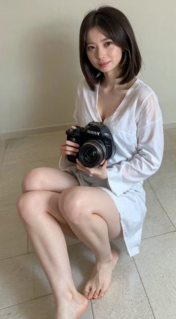 ((Highest quality, 8K, masterpiece: 1.3)), sharp: 1.2, Perfect Body Beauty: 1.4, Slim Abs: 1.2, ((Layered Hairstyles, Big Breasts: 1.2)), (濡れた White Button Long Shirt: 1.1), (nude: 1.2), Close your face: 1.5, Highly detailed face and skin texture, Beautiful Eyes, double eyelid, Side view of the camera