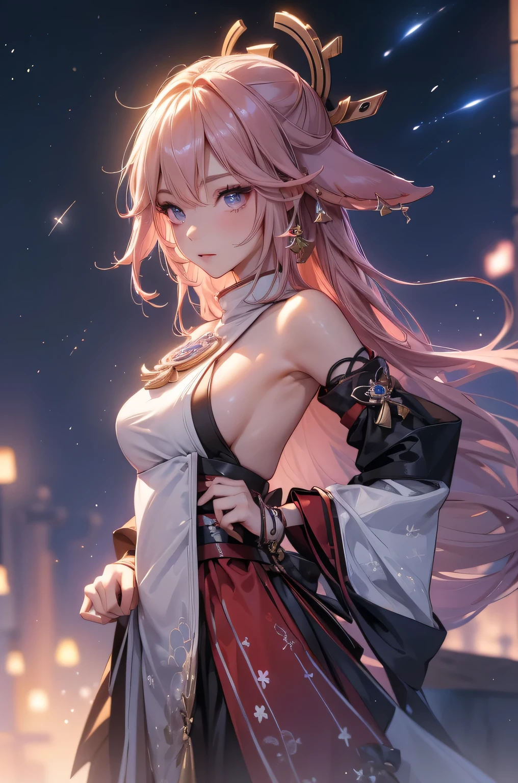 ((yaemikodef)):1.5, ((masterpiece,Highest quality,Highly detailed images,Beautiful images、Dutch Angle)), (Close-up image of yaemiko、Overall dim lighting、Backlight、Strong backlighting、Fantastic dark atmosphere、Thick Fog、Dust flutters),(Dynamic pose)1.2, sideboob、((from front;1.5)), (Beautiful starry sky、White Nights、shooting star)