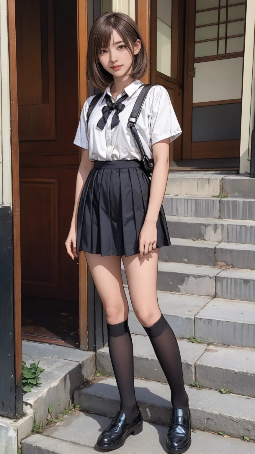 ((highest quality、8k、masterpiece:1.3)),((((fullbody shot)))),Ultra-high resolution,big eyes,Japanese,bangs,(a girl),(1 girl),((20 years old)),((facing at viewer)),((looking at viewer)),(long hair),(((black school uniform))),grin,((standing)),(pleated mini skirt),(((platform shoes)))