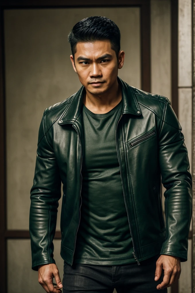 make character of my action film and his name is " Jim ". This man is filipino and attractive because of nose and eyebrow. Wearing leather jacket color dark green and holding pistol. The facial expression of this man is normal, not smiling, not sad.