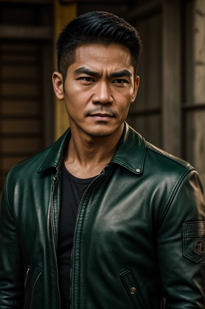 make character of my action film and his name is " Jim ". This man is filipino and attractive because of nose and eyebrow. Wearing leather jacket color dark green and holding pistol. The facial expression of this man is normal, not smiling, not sad.