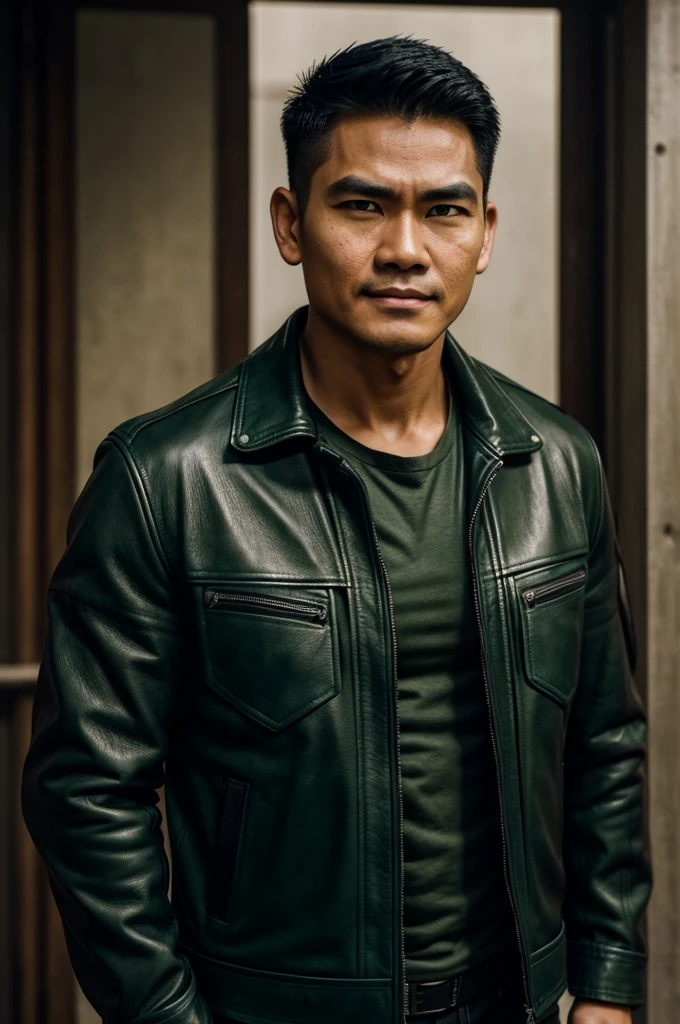 make character of my action film and his name is " Jim ". This man is filipino and attractive because of nose and eyebrow. Wearing leather jacket color dark green and holding pistol. The facial expression of this man is normal, not smiling, not sad.