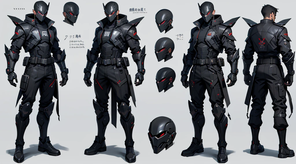Character design sheet、male、Black combat uniform、Body Armor、Powered Suit、Full Face Mask、cyber punk