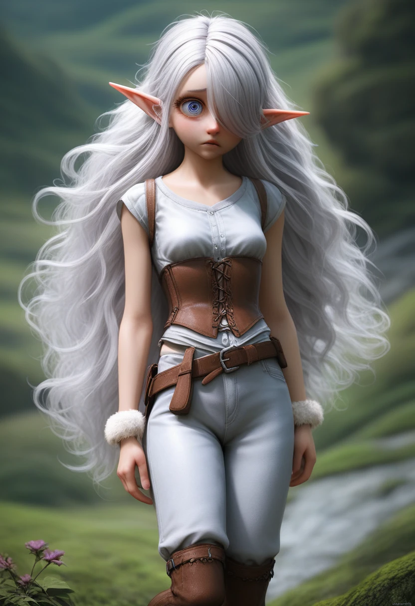 A girl with pale skin, short stature, very long wavy silver hair covering one eye, small breasts, pouty lips, and bright blue anime-style eyes with long lashes, wearing a corset, white puffy long sleeved shirt, and puffy cloth pants, leather bound boots, set in a windy fantasy landscape, (best quality,4k,8k,highres,masterpiece:1.2),ultra-detailed, dungeons and dragons, long elf ears,  girl, detailed skin and cloth textures, cute detailed face, intricate details, extremely detailed, 1girl, dynamic pose with hair covering one eye, shy personality, puffy cloth pants with leather belt, detailed privateer outfit, detailed buccaneer outfit, pouch on belt, wearing ornate leather armor with fur trim, silver inlay detail, wearing fur trimmed boots, wearing fur trimmed gloves, short, short height, halfing girl, small girl, very long detailed flowing hair, big head, big round eyes, windy, wind blown hair