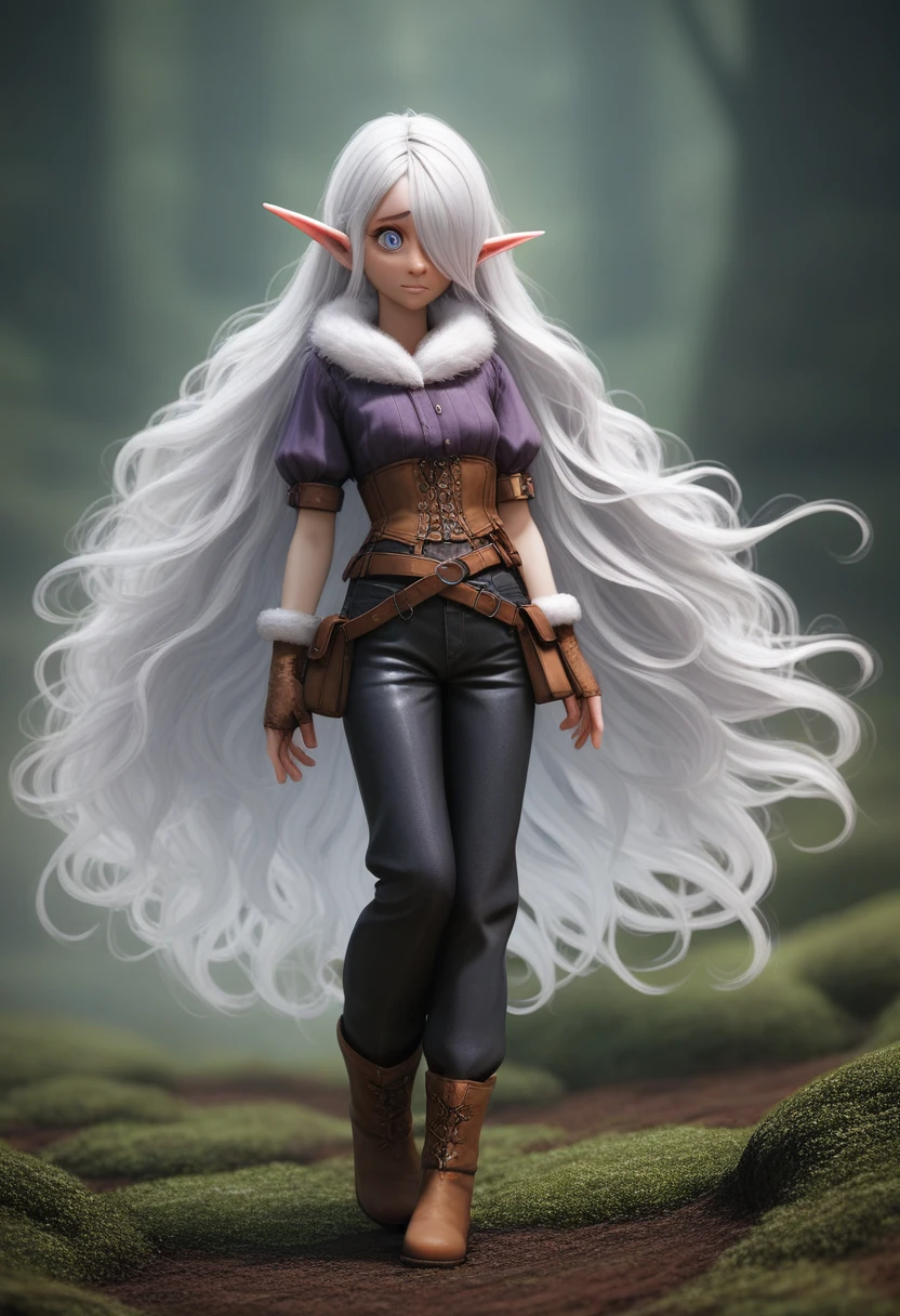 A girl with pale skin, short stature, very long wavy silver hair covering one eye, small breasts, pouty lips, and bright blue anime-style eyes with long lashes, wearing a corset, white puffy long sleeved shirt, and puffy cloth pants, leather bound boots, set in a windy fantasy landscape, (best quality,4k,8k,highres,masterpiece:1.2),ultra-detailed, dungeons and dragons, long elf ears, small girl, detailed skin and cloth textures, cute detailed face, intricate details, extremely detailed, 1girl, dynamic pose with hair covering one eye, shy personality, puffy cloth pants with leather belt, detailed privateer outfit, detailed buccaneer outfit, pouch on belt, wearing ornate leather armor with fur trim, silver inlay detail, wearing fur trimmed boots, wearing fur trimmed gloves, short, short height, halfing girl, small girl, very long detailed flowing hair, big head, big round eyes, windy, wind blown hair