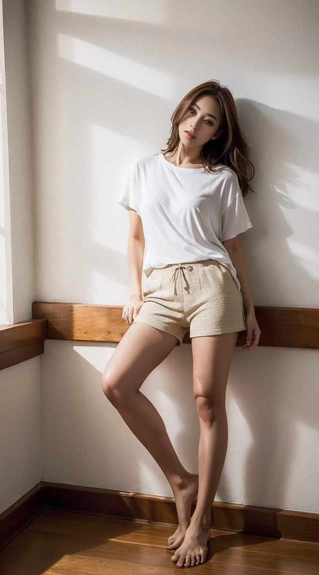 Dark brown hair、Light brown eyes、Japanese actress、 Lady、I am about 40 years old........、(Intricate details:1.2)、 (Ultra-high resolution:1.2)、Ultra-high resolution、(Finely tuned)、(Detailed facial features)、Hmph、8K resolution、D cup size breasts、Long Hair、Bright terrace room with sunlight streaming in、Large windows、Extravagant space、relax、、,Full body photo、Head to toe shot、Beautiful legs、black Loose fit openwork T-shirt、Underwear shorts、Beautiful legs、Bright terrace room with sunlight streaming in、she, household items, (plant:0.8), Fashion Hub, Very detailed, Very detailed, Realistic, Hourglass Shaped Body, Obscene pose,、Messy Hair、Messy ponytail、Leaning against a wall、I cry a lot、tears、Skin is visible through the knit、White floor、White wall、A masterpiece of transparent painting、