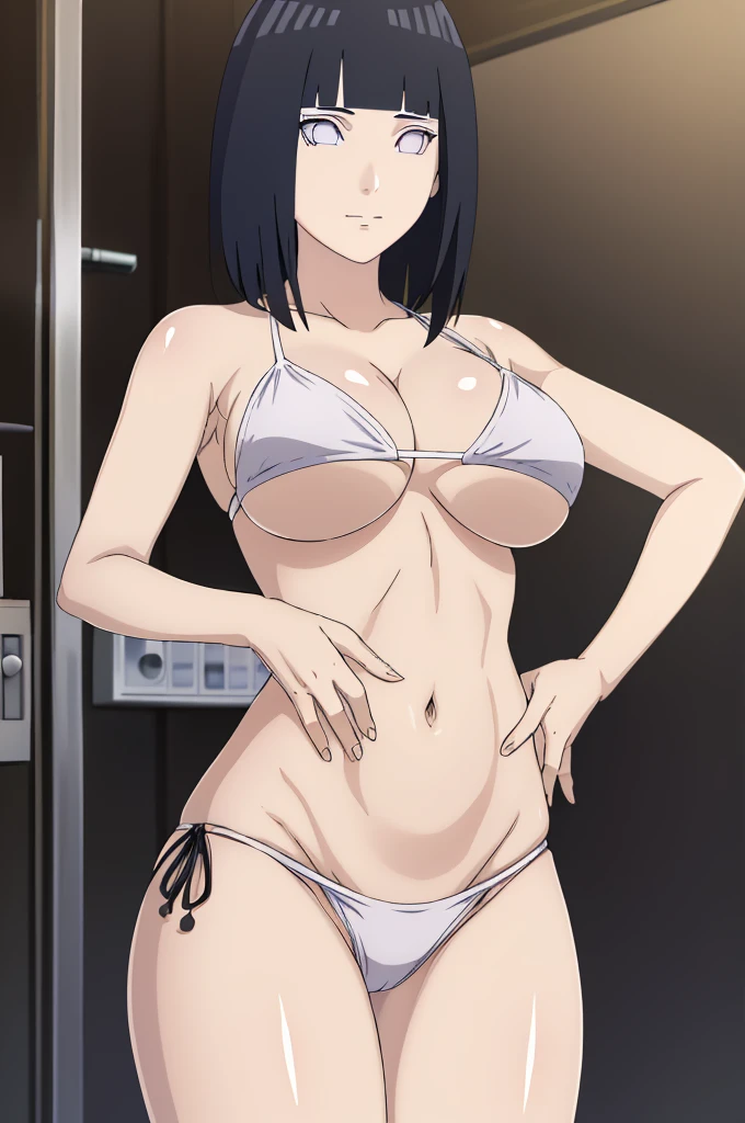 masterpiece, (intricate details), (colorful),cinematic lighting,extremely detailed CG unity 8k wallpaper ,hinata\(boruto\), 1girl,solo, large breasts, (hinata, hyuuga hinata, purple eyes, blunt bangs, black hair) big breasts, perfect breasts, large breasts, round breasts, sexy body, slim waist, nice hips, skinny, nice thighs, thick thighs, black bra, cleavage, bare shoulders, collarbone, underboob, slim waist, white bikini, bikini, swimsuit, small bikini, plain background, cowboy shot, body shot, front shot, full body, white backdrop, perfect eyes, glowing eyes, beautiful eyes, black background, simple background, no background , body shot, hands on hip