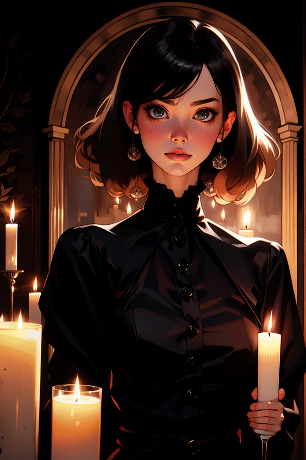 {-erro_de_anatomia:1.0} woman 30 years old, black victorian dress, brown eyes, black hair, short hair, bang, 1968s style, on the saloon, baile, looking at viwer, upper body, dark background, candles, witchcraft, dinamic poses, magic, potions, wearing red lipstik