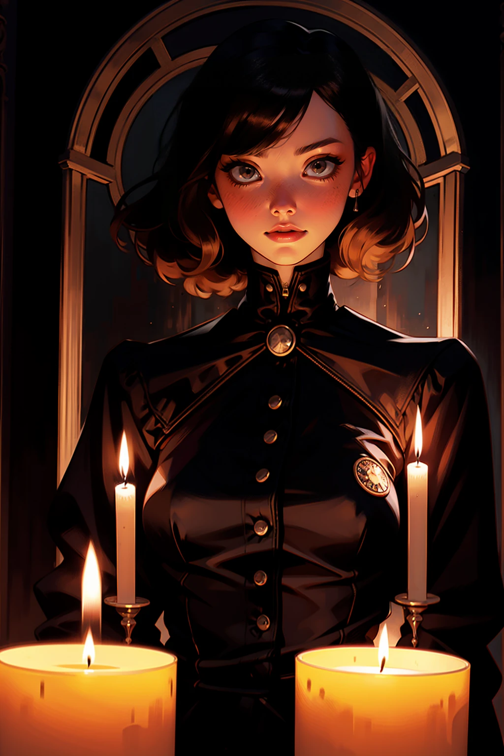 {-erro_de_anatomia:1.0} woman 30 years old, black victorian dress, brown eyes, black hair, short hair, bang, 1968s style, on the saloon, baile, looking at viwer, upper body, dark background, candles, witchcraft, dinamic poses, magic, potions, wearing red lipstik