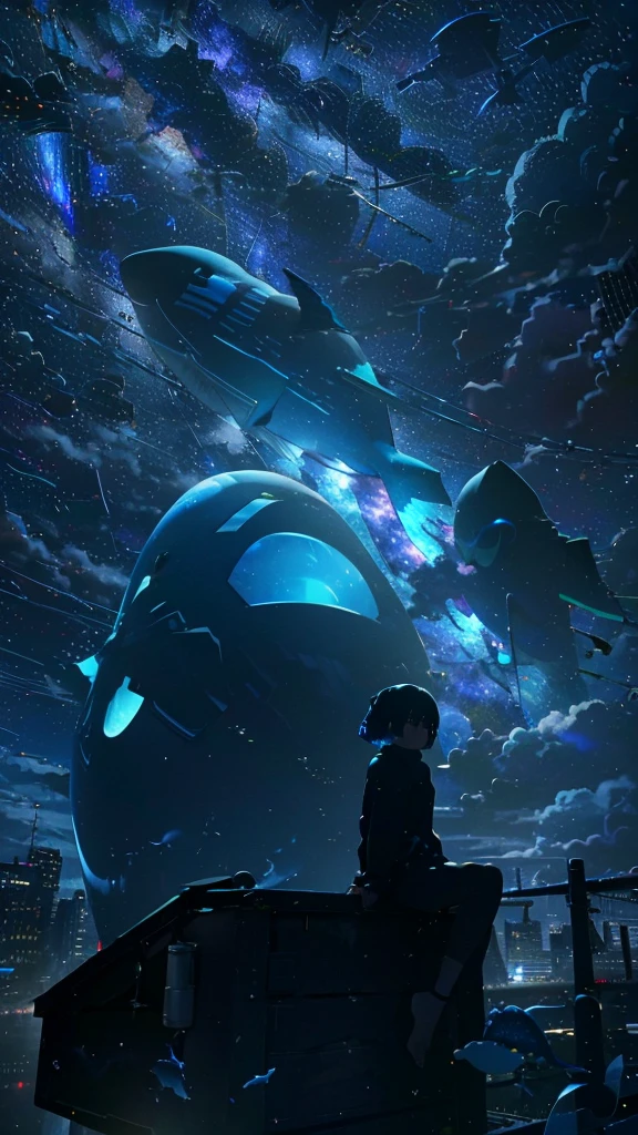 masterpiece, Exquisite detail,Highest quality, One girl, alone, handrail, cloud, Looking up at the buildings,Long Hair, zero, Long sleeve, Power lines, White footwear, Black Hair, View your viewers, Electric pole, bangs, cloudy zero, fish, bird, Green Eyes, Shorts, Day, Black Shirt, barefoot,Whale flying in the sky,Giant whale,night,Star,milky way,night,Pitch black,Buildings,Sitting,bright,noon,sun,Shine