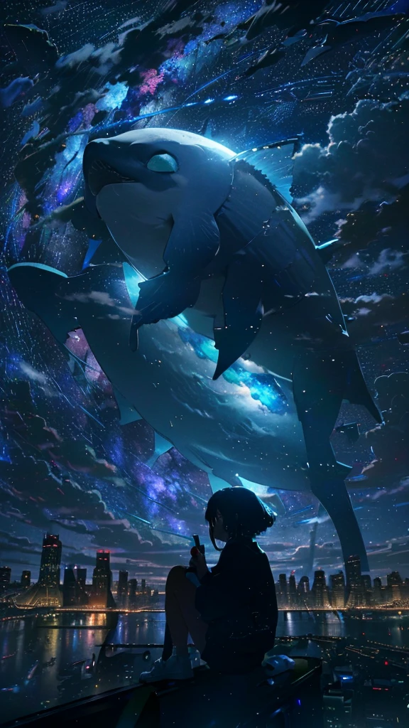 masterpiece, Exquisite detail,Highest quality, One girl, alone, handrail, cloud, Looking up at the buildings,Long Hair, zero, Long sleeve, Power lines, White footwear, Black Hair, View your viewers, Electric pole, bangs, cloudy zero, fish, bird, Green Eyes, Shorts, Day, Black Shirt, barefoot,Whale flying in the sky,Giant whale,night,Star,milky way,night,Pitch black,Buildings,Sitting,bright,noon,sun,Shine