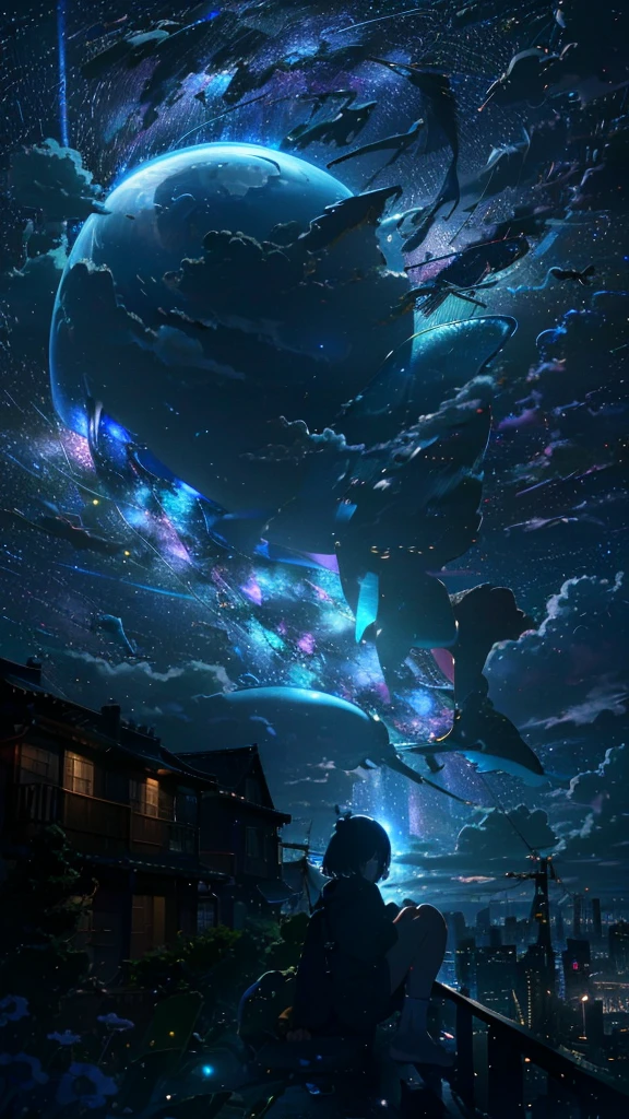 masterpiece, Exquisite detail,Highest quality, One girl, alone, handrail, cloud, Looking up at the buildings,Long Hair, zero, Long sleeve, Power lines, White footwear, Black Hair, View your viewers, Electric pole, bangs, cloudy zero, fish, bird, Green Eyes, Shorts, Day, Black Shirt, barefoot,Whale flying in the sky,Giant whale,night,Star,milky way,night,Pitch black,Buildings,Sitting,bright,noon,sun,Shine