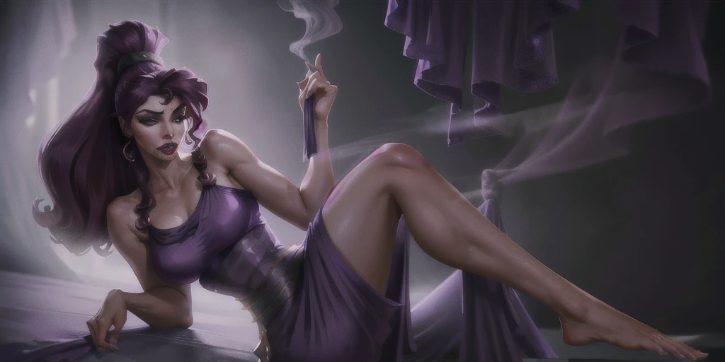 ultra-wide angle, 1girl, megara, bare shoulders, long purple dress, looking at viewer, bound and gagged with wisps of gray smoke, volumetric lighting, best quality, masterpiece, realistic  