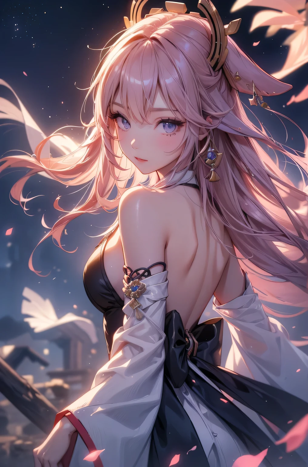((yaemikodef)):1.5, ((masterpiece,Highest quality,Highly detailed images,Beautiful images、Dutch Angle)), (Close-up image of yaemiko、Overall dim lighting、Backlight、Strong backlighting、Fantastic dark atmosphere、Thick Fog、Dust flutters),(Dynamic pose)1.2, sideboob、((from front;1.5)), (Beautiful starry sky、White Nights、shooting star)