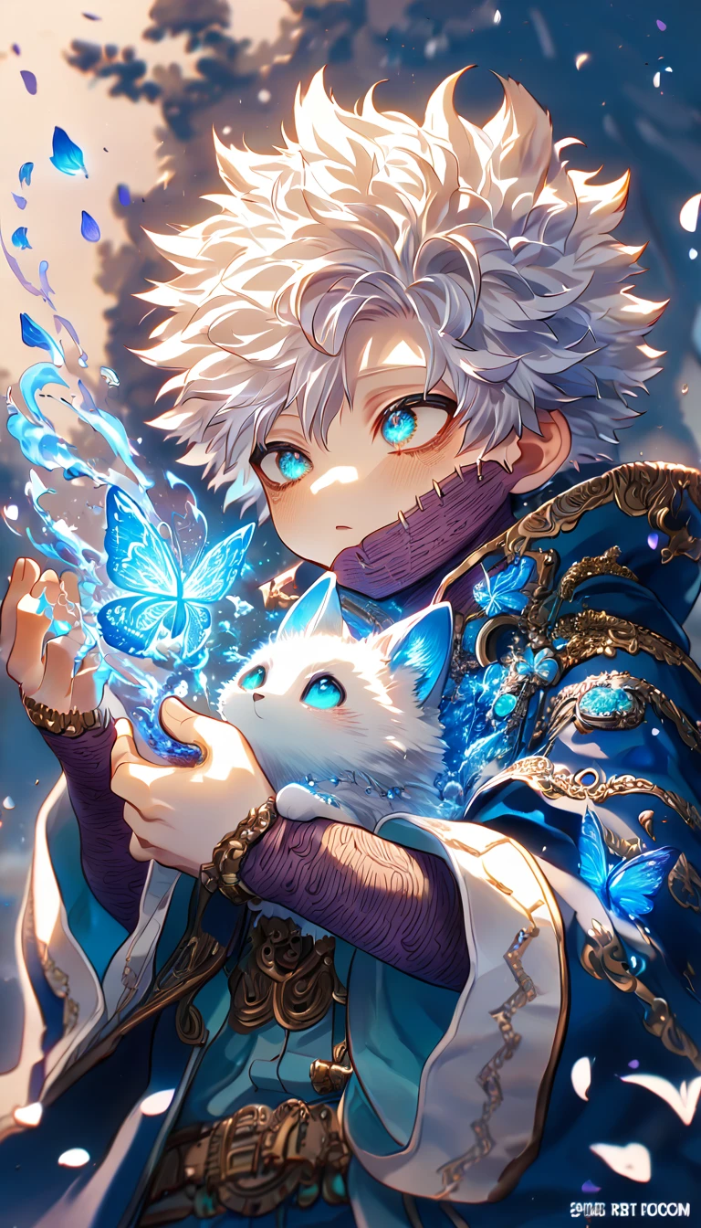 absurdres, highres, ultra detailed, HDR, master piece, best quality, extremely detailed, Dabi chibi, white hair, expressive turquoise eyes, Boku No Hero Academia, boy hugging a fox, magical, fantasy, magic, blue fire, blue forest, glittering, blue butterflies, blue petals, blue flowers