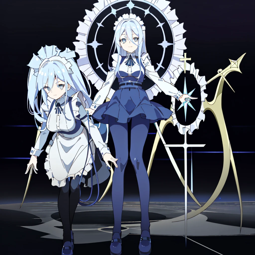 ((cathedral background)),1 girl,blue hair, plump and slender girl, (girl wearing white shirt, black wrinkled skirt, with black transparent pantyhose), ((blue medium hair)),((White Maid Costume)),blue eyes,((whole body)),whole body,((White Maid Costume)),((White Maid Costume)),evil smile,((cathedral background)),((cathedral background)),