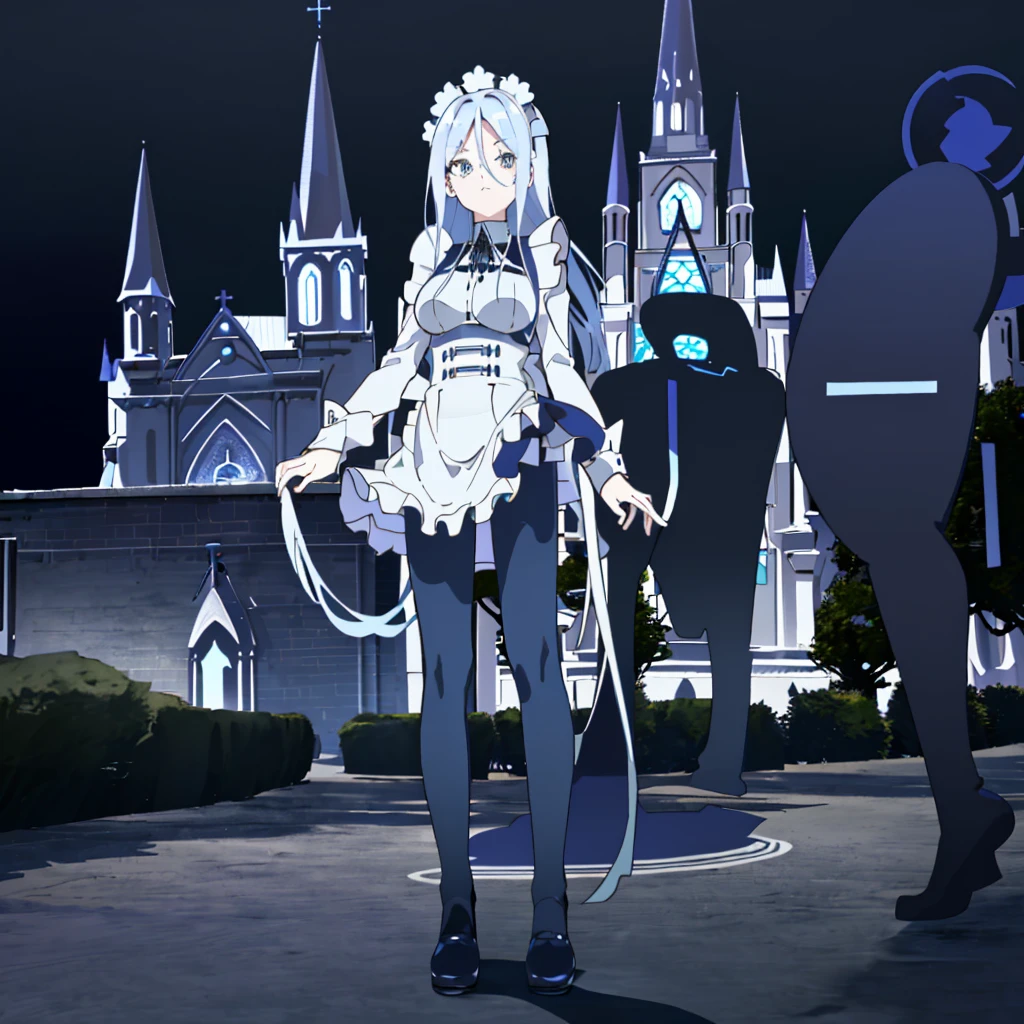 ((cathedral background)),1 girl,blue hair, plump and slender girl, (girl wearing white shirt, black wrinkled skirt, with black transparent pantyhose), ((blue medium hair)),((White Maid Costume)),blue eyes,((whole body)),whole body,((White Maid Costume)),((White Maid Costume)),evil smile,((cathedral background)),((cathedral background)),