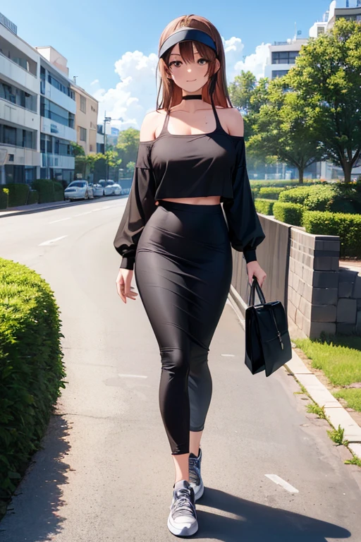 1girl, woman wearing gray t-shirt (off-shoulder), bra, tight midi pencil skirt black, long length pencil skirt, modest skirt, long brown hair, looking at viewer, full body, walking, smile, blush, sneakers and socks, garden, summer, visor, large bust