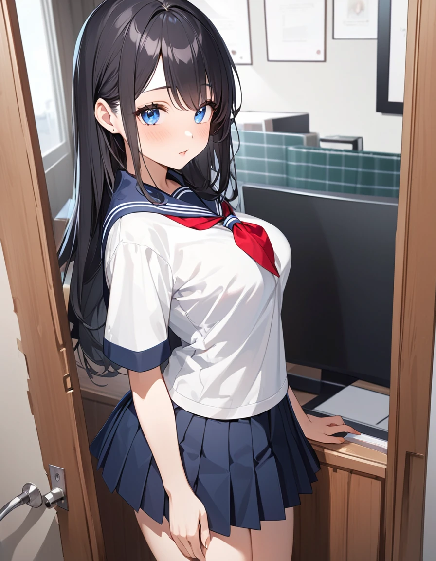 (Highest qualityのイラスト:1.2), (cute女の子:1.1), (1 girl、、Highest qualityのイラスト:1.2), (1 girl、Kind eyes、blue eyes:1.2)、Black Hair、Semi-long hair、(Highest quality、Very detailed、cute、Ultra-high resolution) 、High School Uniform{Sailor suit、Red neckerchief、Short sleeve、Pleated skirt)、Large Breasts、Stylish, from side, Cowboy Shot