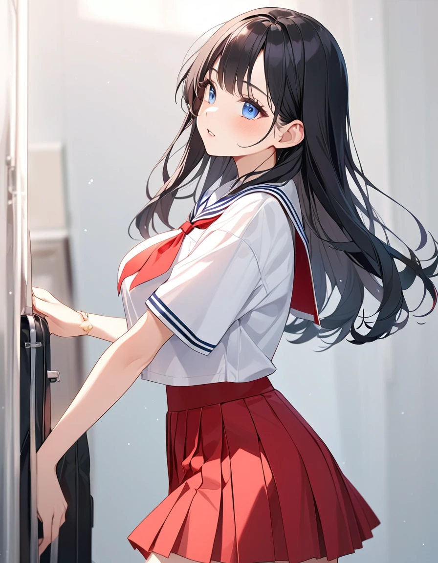 (Highest qualityのイラスト:1.2), (cute女の子:1.1), (1 girl、、Highest qualityのイラスト:1.2), (1 girl、Kind eyes、blue eyes:1.2)、Black Hair、Semi-long hair、(Highest quality、Very detailed、cute、Ultra-high resolution) 、High School Uniform{Sailor suit、Red neckerchief、Short sleeve、Pleated skirt)、Large Breasts、Stylish, from side, Cowboy Shot