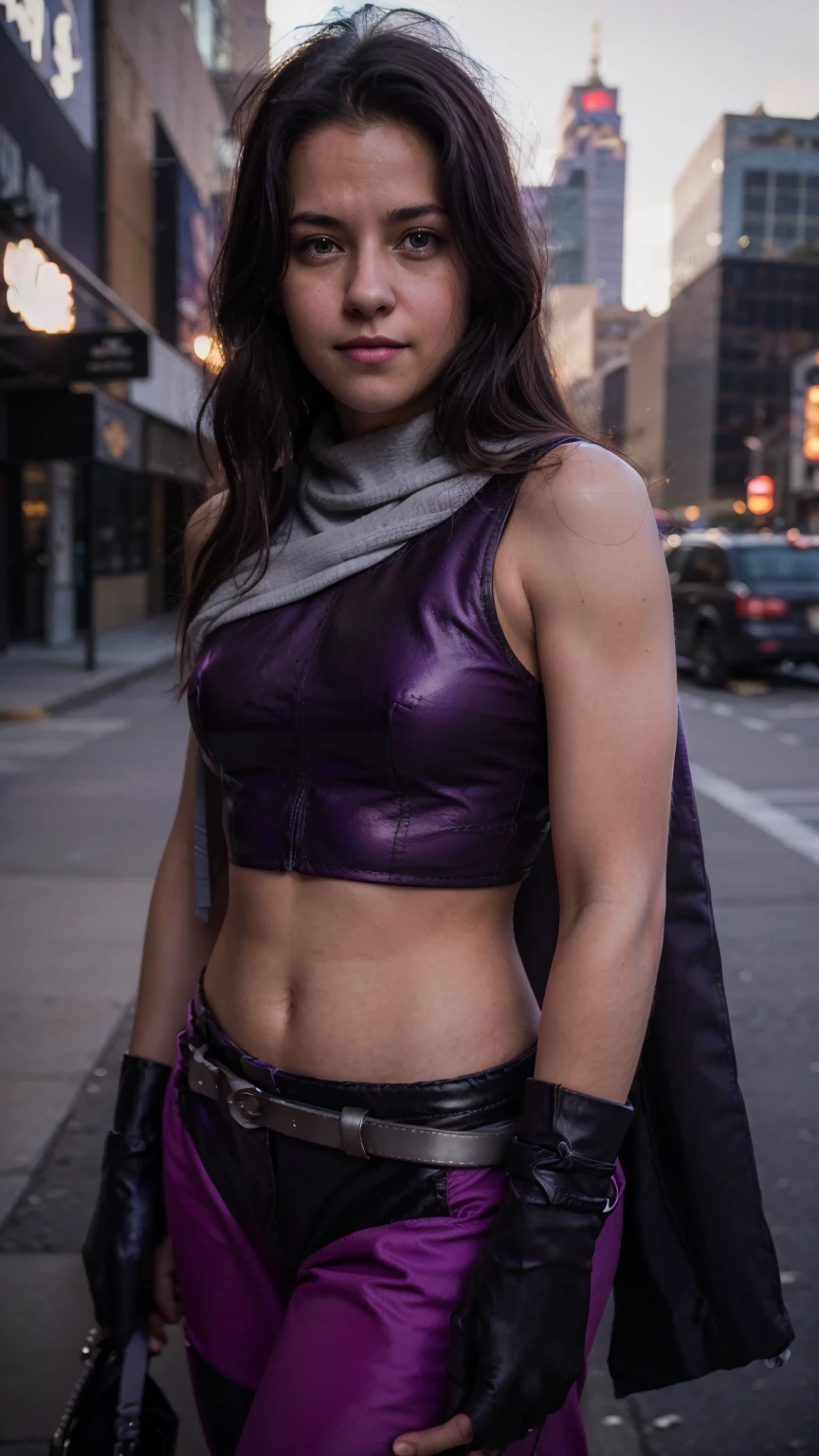 (masterpiece), (photorealistic1.4), (1 girl), (solo), (best quality), (epiCRealLife), (Kate Bishop long hair), (sleeveless top), (kateb2023 black utility belt), (kateb2023 purple costume), (purple pants) (kateb2023 purple sleevless bodysuit), (kst3w),(white scarf), bare shoulder), (night time), (black boot), (elbow gloves), (abs), (flash photography), (flashphoto), (cowboy shots), (outdoor), (street of new york), (at night), (look at viewers),(light smile)