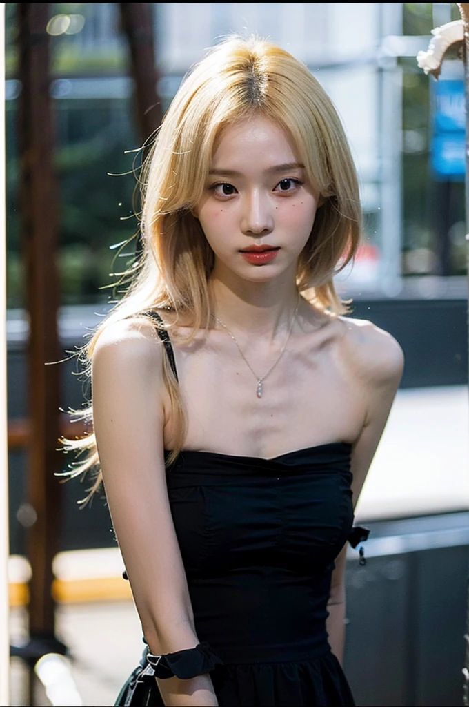 Best quality, masterpiece, ultra high res, (photorealistic), raw photo,1girl, skinny, upper body,solo, realistic, looking at viewer, long hair, bokeh background, city streets,brown eyes, black gothic sleveless dress, necklace, blonde hair