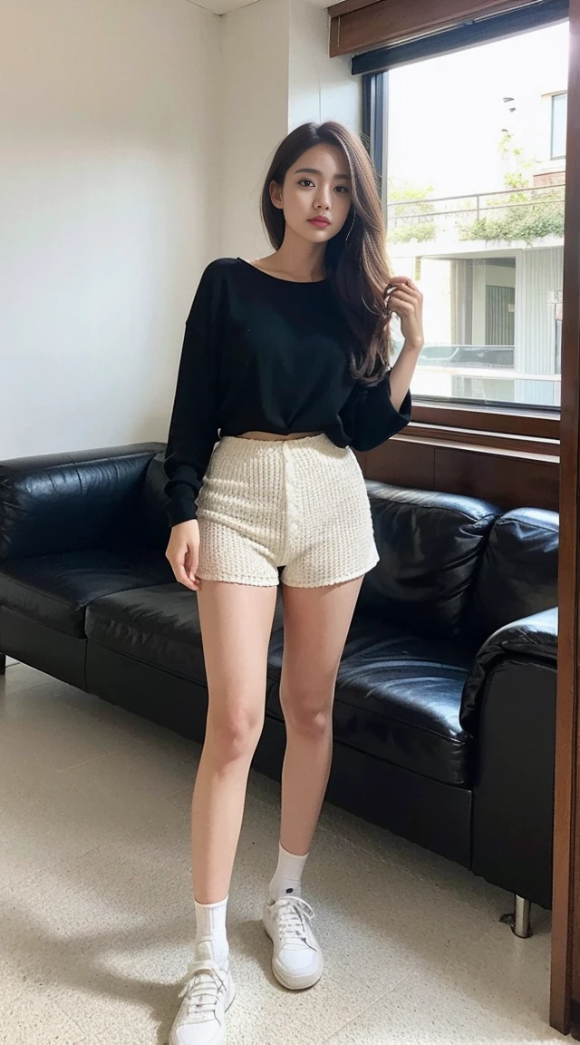 Dark brown hair、Light brown eyes、Japanese actress、 Lady、I am about 40 years old........、(Intricate details:1.2)、 (Ultra-high resolution:1.2)、Ultra-high resolution、(Finely tuned)、(Detailed facial features)、Hmph、8K resolution、D cup size breasts、Long Hair、Bright terrace room with sunlight streaming in、Large windows、Extravagant space、relax、、,Full body photo、Head to toe shot、Beautiful legs、black　Loose fit openwork T-shirt、Underwear shorts、Beautiful legs、Bright terrace room with sunlight streaming in、she, household items,   (plant:0.8), Fashion Hub, Very detailed, Very detailed, Realistic, Hourglass Shaped Body, Obscene pose,、Messy Hair、Messy ponytail、Leaning against a wall、I cry a lot、tears、Skin is visible through the knit、White floor、White wall、A masterpiece of transparent painting、