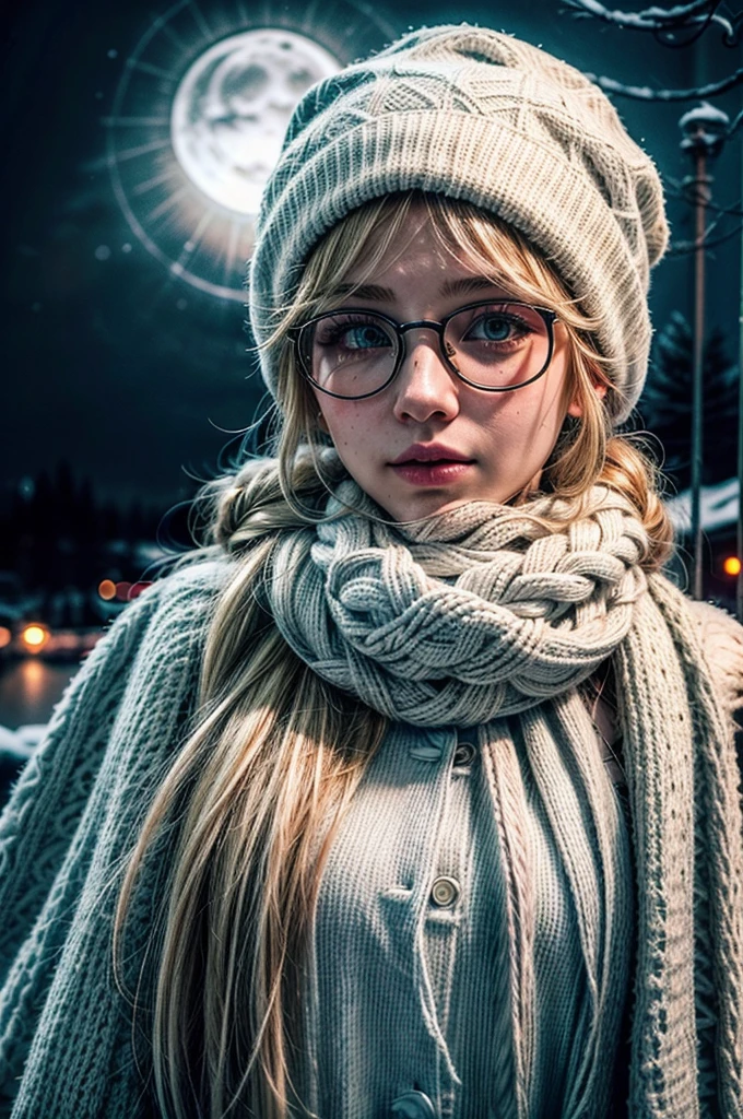 1 girl, blonde hair, long hair, crownbraid, snowcap, round eyewear, glasses, white winter furcoat, snow, standing, in snow, night, solo, orange lighting, pink scarf, hand on scarf, green eyes, black gloves, close up, moonlight, snowing, freckles