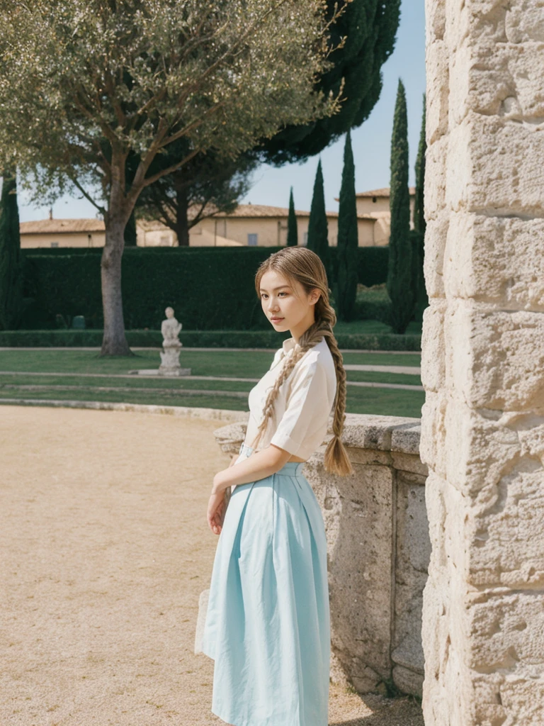 her name is Asako, high quality, 1girl, ((20-year-old fit Caucasian woman)), ((20 years old)), ((slim)), ((Fishtail Braid hair)), pose: standing, wearing edgy Generation-Z modern wear pastel colored, BACKGROUND:"In the Boboli Gardens, with manicured lawns, sculptures, and panoramic views of the Tuscan landscape."