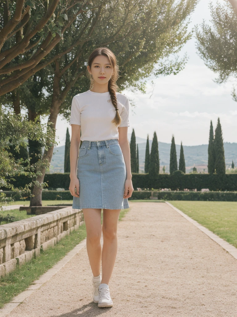 her name is Asako, high quality, 1girl, ((20-year-old fit Caucasian woman)), ((20 years old)), ((slim)), ((Fishtail Braid hair)), pose: standing, wearing edgy Generation-Z modern wear pastel colored, BACKGROUND:"In the Boboli Gardens, with manicured lawns, sculptures, and panoramic views of the Tuscan landscape."