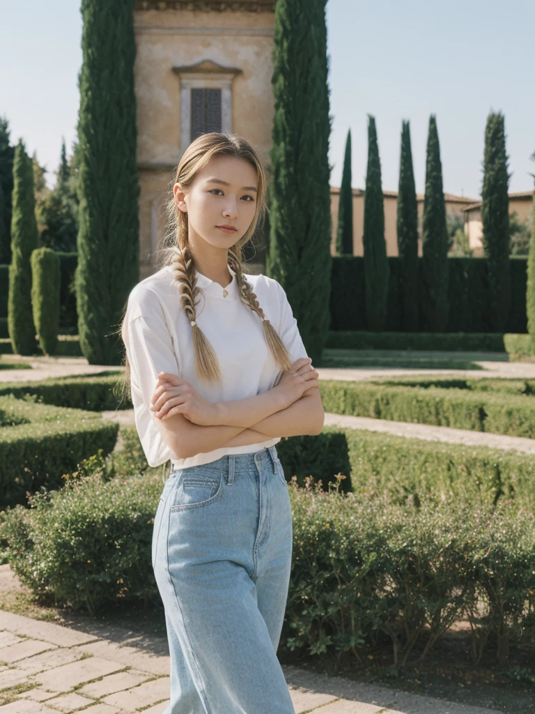 her name is Asako, high quality, 1girl, ((20-year-old fit Caucasian woman)), ((20 years old)), ((slim)), ((Fishtail Braid hair)), pose: standing, wearing edgy Generation-Z modern wear pastel colored, BACKGROUND:"In the Boboli Gardens, with manicured lawns, sculptures, and panoramic views of the Tuscan landscape."
