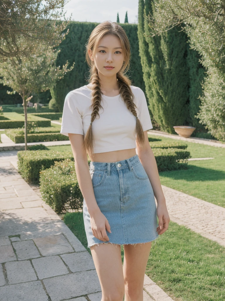 her name is Asako, high quality, 1girl, ((20-year-old fit Caucasian woman)), ((20 years old)), ((slim)), ((Fishtail Braid hair)), pose: standing, wearing edgy Generation-Z modern wear pastel colored, BACKGROUND:"In the Boboli Gardens, with manicured lawns, sculptures, and panoramic views of the Tuscan landscape."