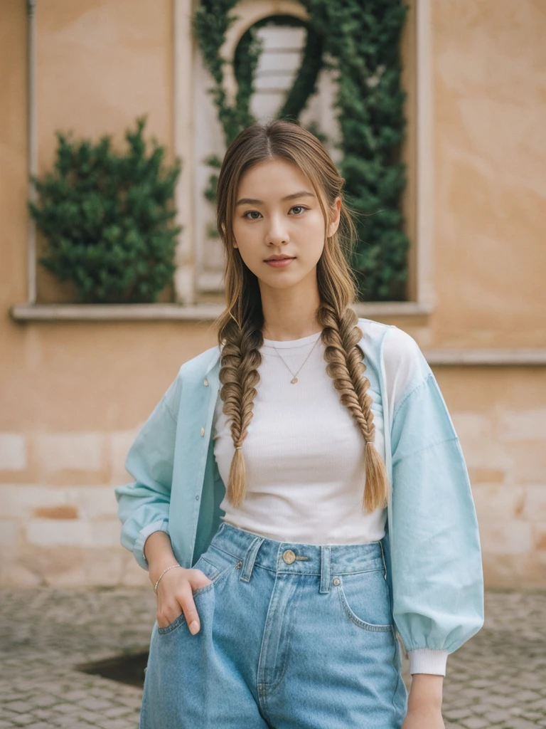 her name is Asako, high quality, 1girl, ((20-year-old fit Caucasian woman)), ((20 years old)), ((slim)), ((Fishtail Braid hair)), pose: standing, wearing stylish fashionable Generation-Z modern wear pastel colored, BACKGROUND: "In the Esplanadi Park, a green urban space with beautiful statues and lively street performances."