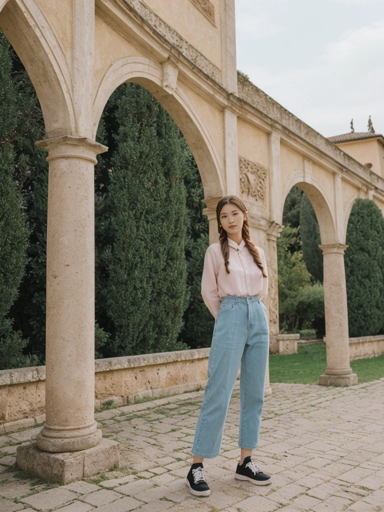her name is Asako, high quality, 1girl, ((20-year-old fit Caucasian woman)), ((20 years old)), ((slim)), ((Fishtail Braid hair)), pose: standing, wearing edgy Generation-Z modern wear pastel colored, BACKGROUND:"In the Boboli Gardens, with manicured lawns, sculptures, and panoramic views of the Tuscan landscape."