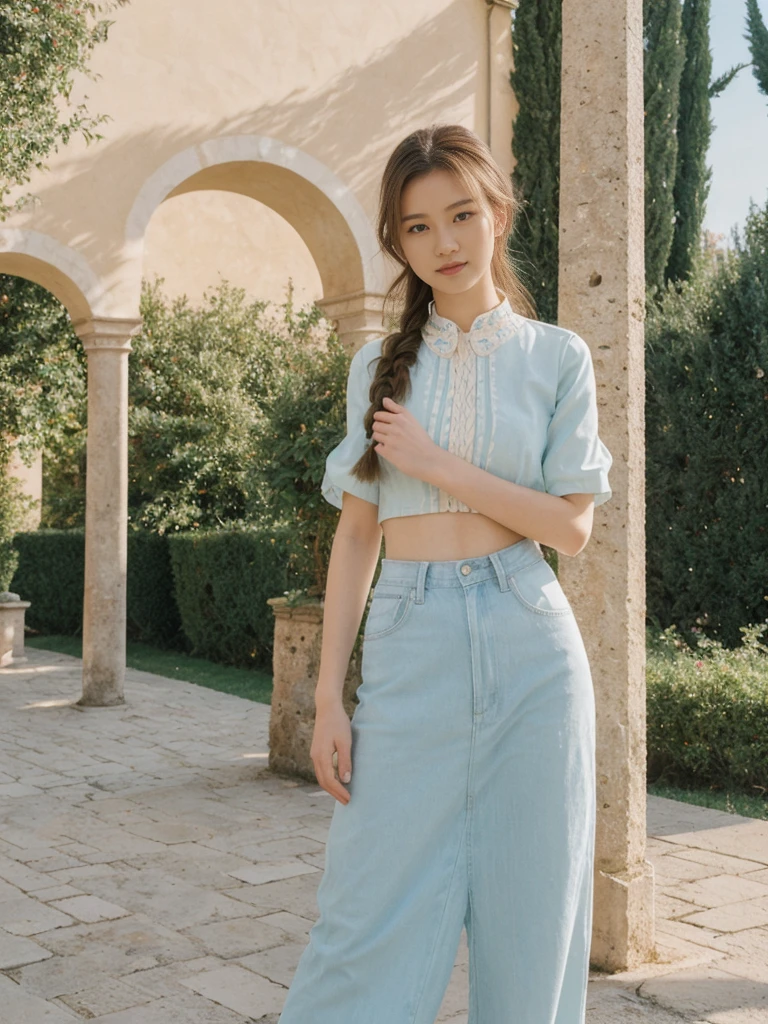 her name is Asako, high quality, 1girl, ((20-year-old fit Caucasian woman)), ((20 years old)), ((slim)), ((Fishtail Braid hair)), pose: standing, wearing edgy Generation-Z modern wear pastel colored, BACKGROUND:"In the Boboli Gardens, with manicured lawns, sculptures, and panoramic views of the Tuscan landscape."